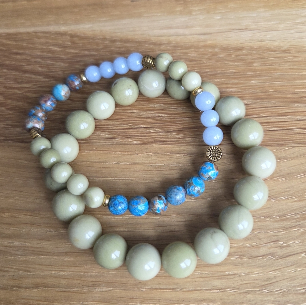 Green Matcha Jasper & Blue Angelite Beads Stretch Bracelet Set, Handcrafted - Picture 7 of 13